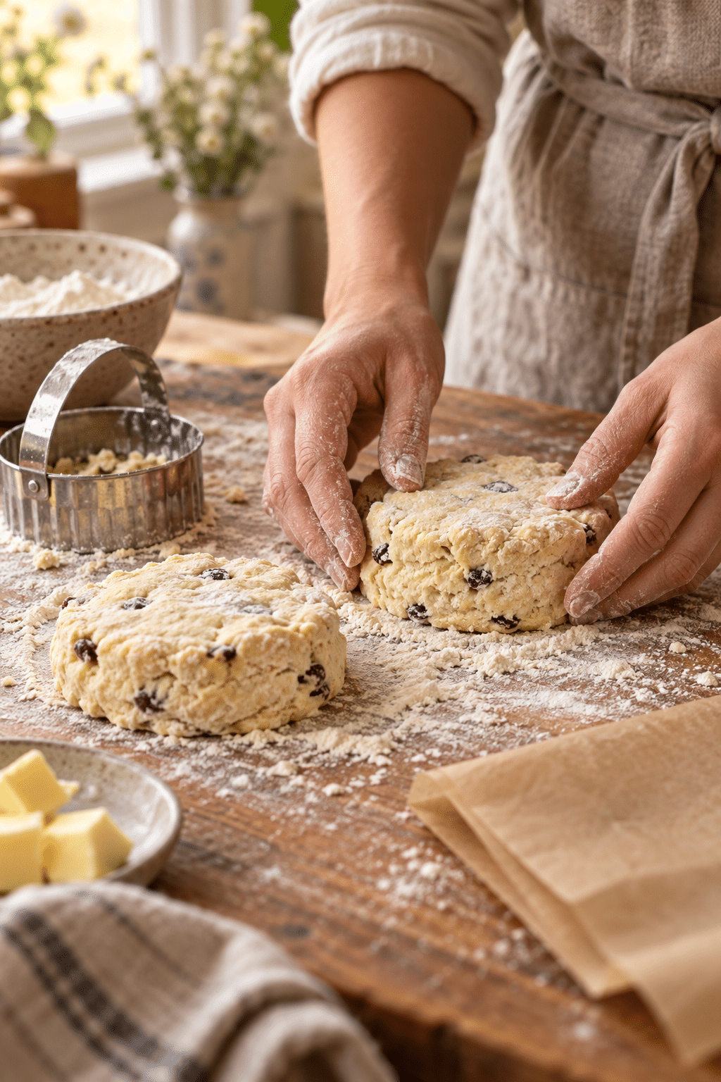classic scones dough being shaped and cut