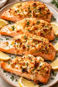 crab stuffed salmon finished dish