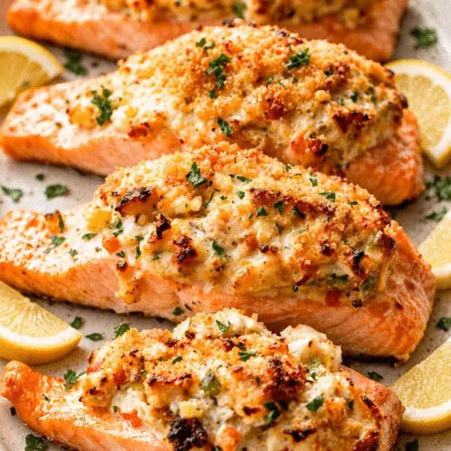 crab stuffed salmon finished dish