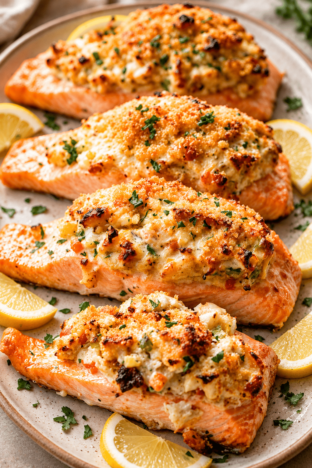 crab stuffed salmon finished dish