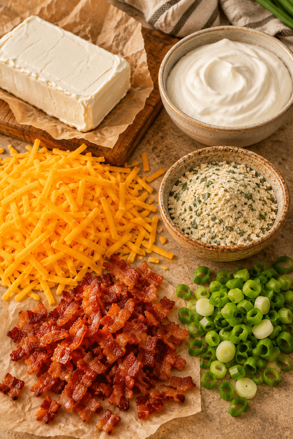Crack dip ingredients including cream cheese cheddar and bacon