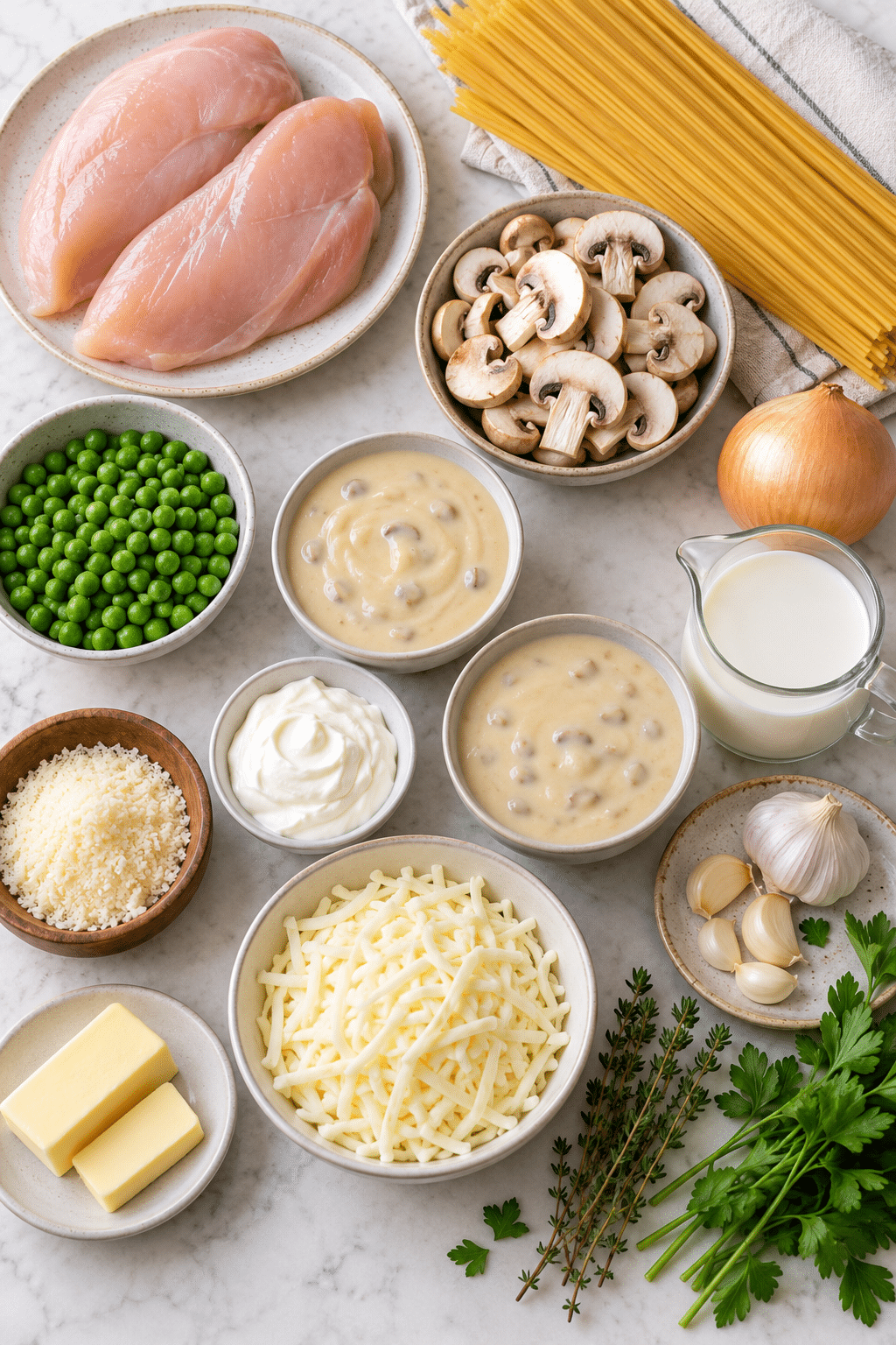 chicken tetrazzini ingredients arranged for cooking