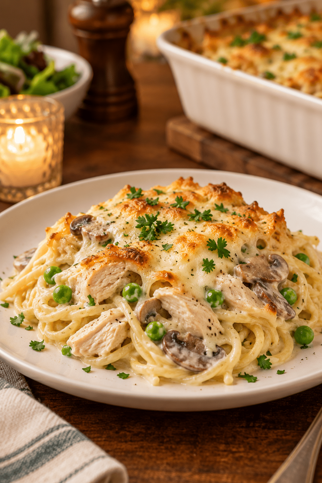 chicken tetrazzini served with a golden cheesy topping