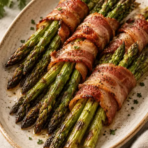 Crispy bacon wrapped asparagus finished dish