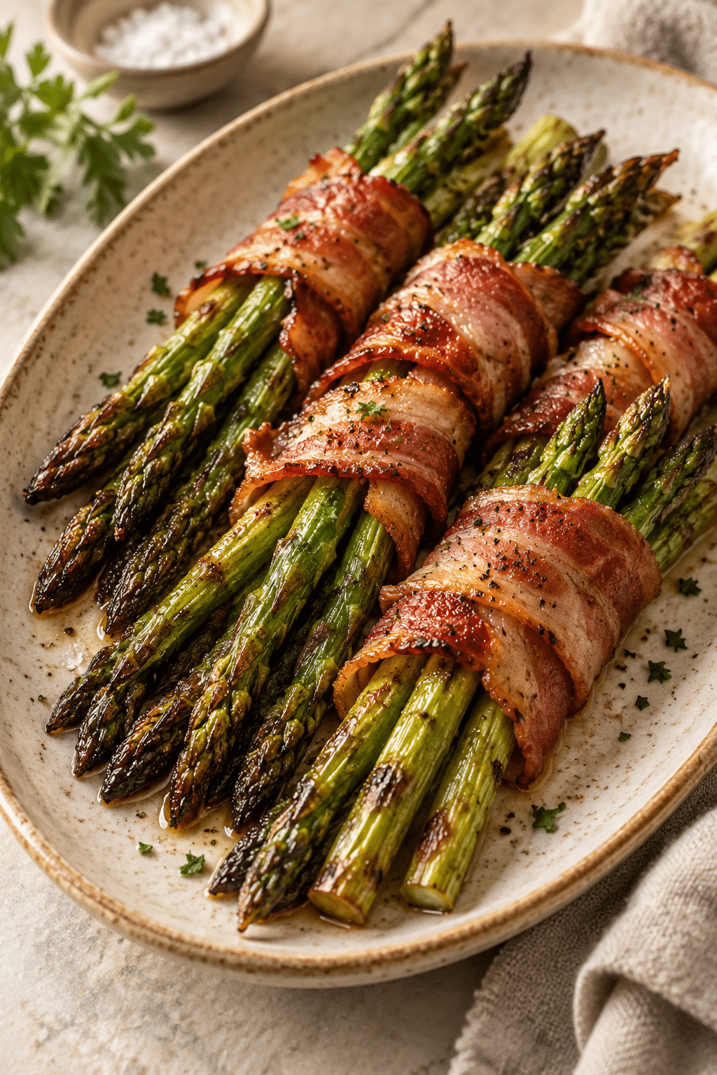 Crispy bacon wrapped asparagus finished dish