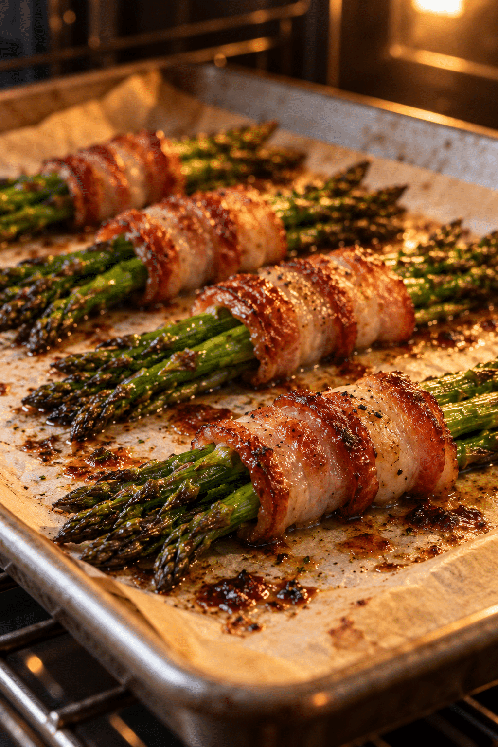 Bacon-wrapped asparagus bundles roasting in the oven