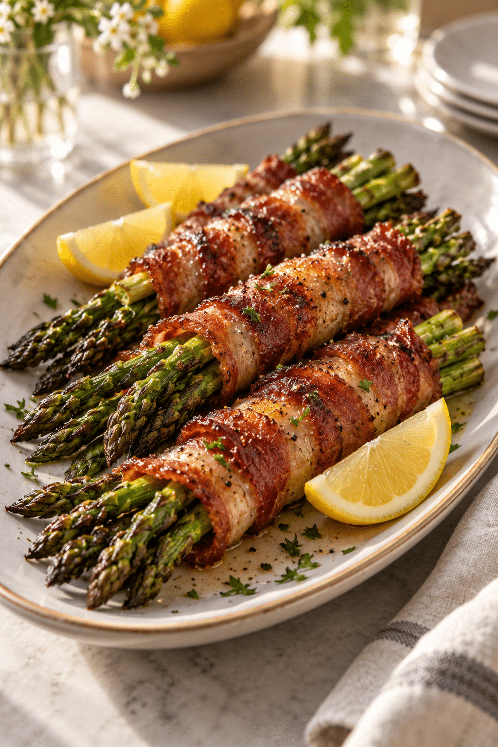 Finished crispy bacon wrapped asparagus bundles