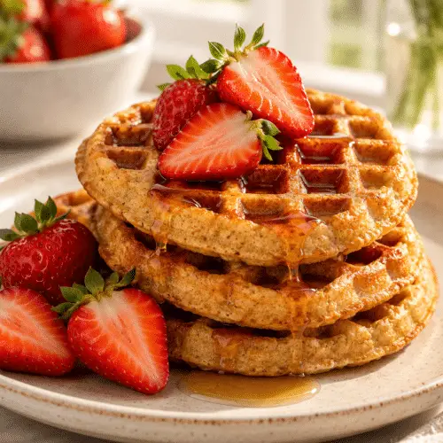 Crispy flourless protein waffles stacked for breakfast
