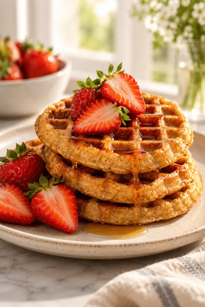 Crispy flourless protein waffles stacked for breakfast