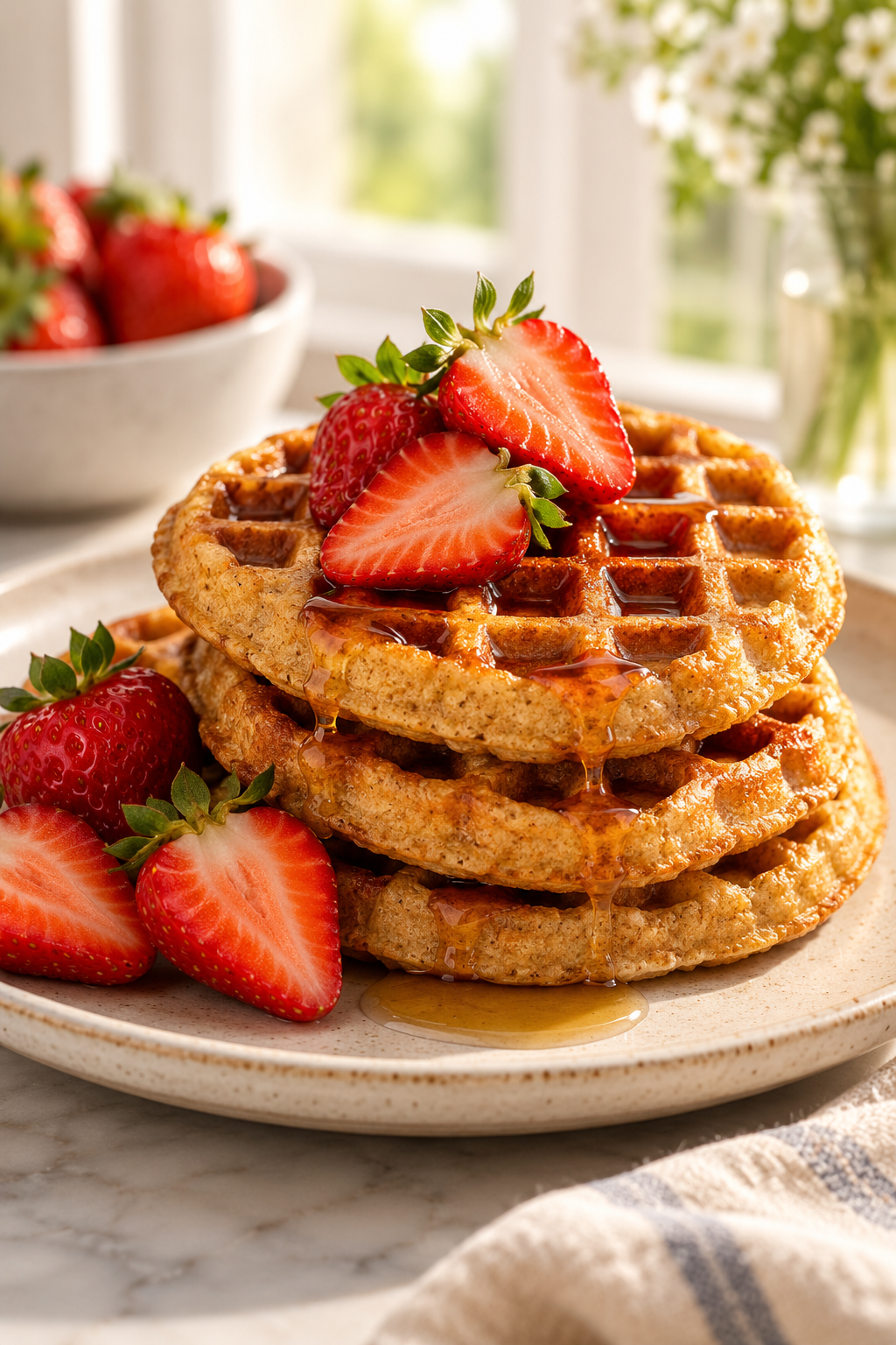 Crispy flourless protein waffles stacked for breakfast