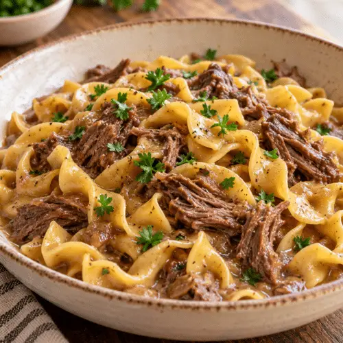 Crock pot beef and noodles finished dish