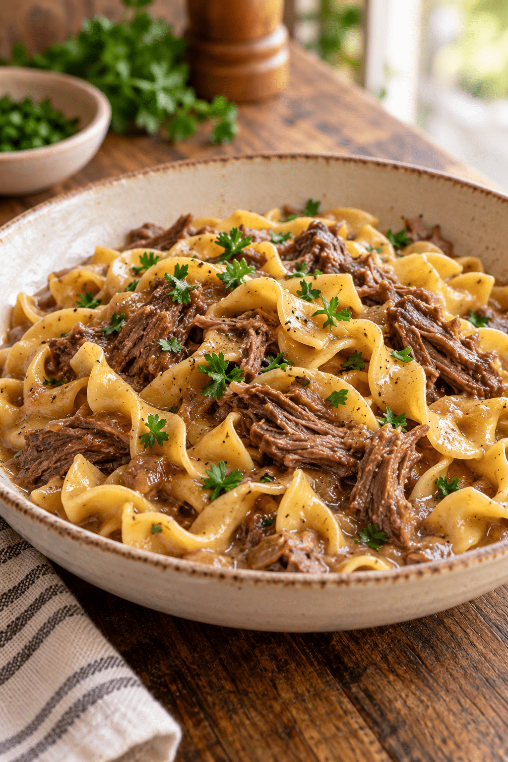 Crock pot beef and noodles finished dish