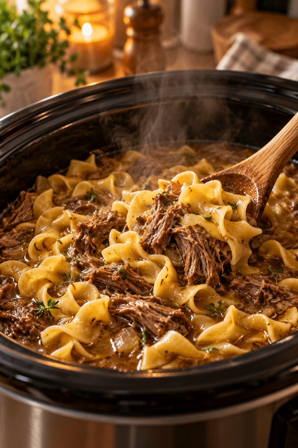 Beef and noodles cooking in a slow cooker