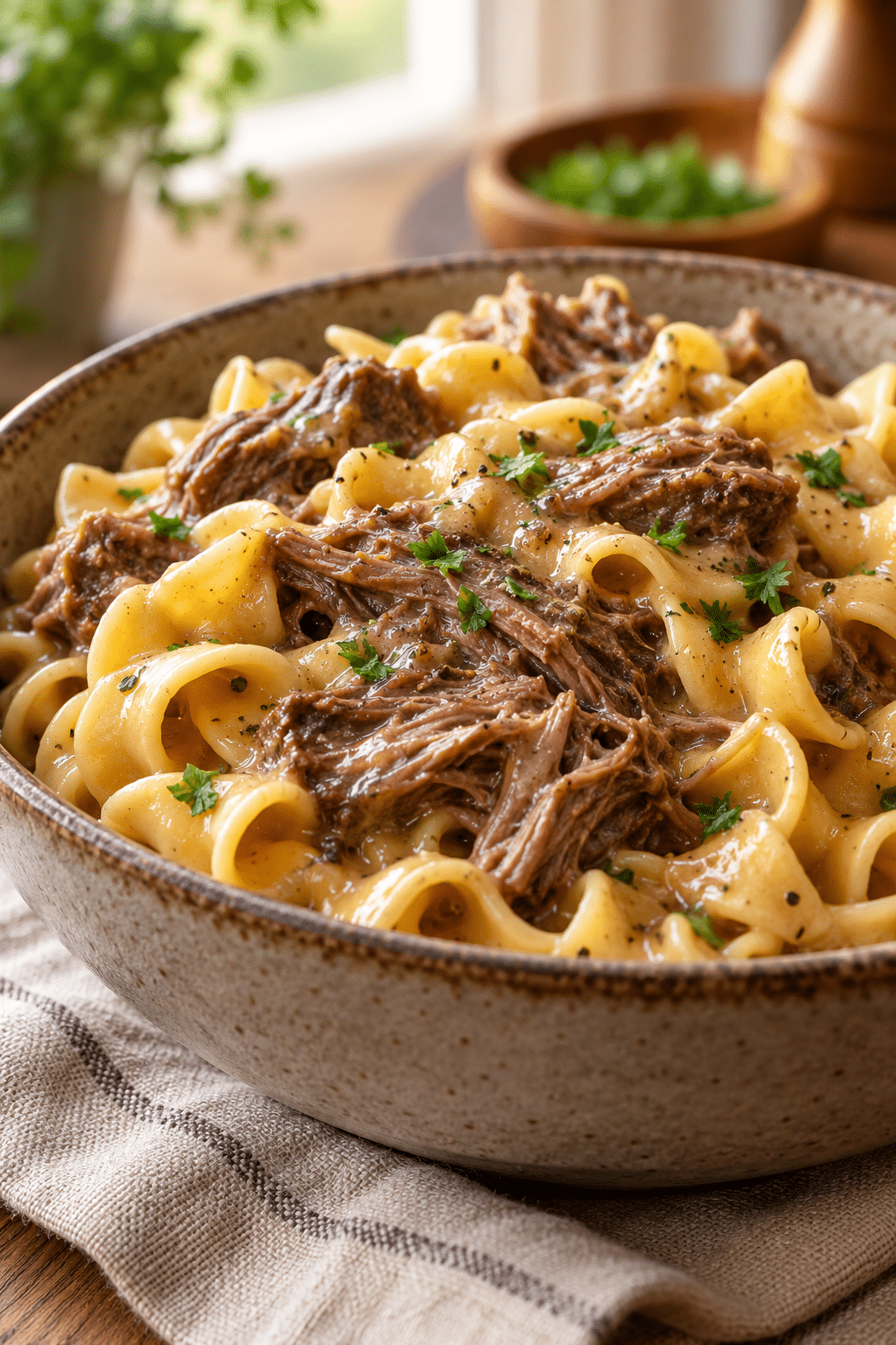 Finished crock pot beef and noodles