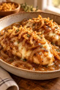 Crock pot French onion chicken finished dish