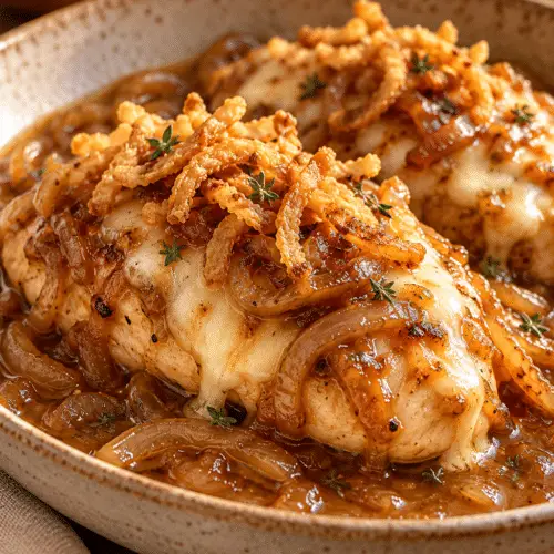 Crock pot French onion chicken finished dish