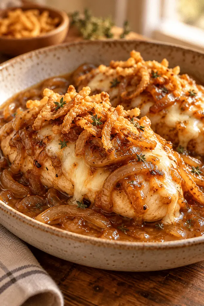 Crock pot French onion chicken finished dish