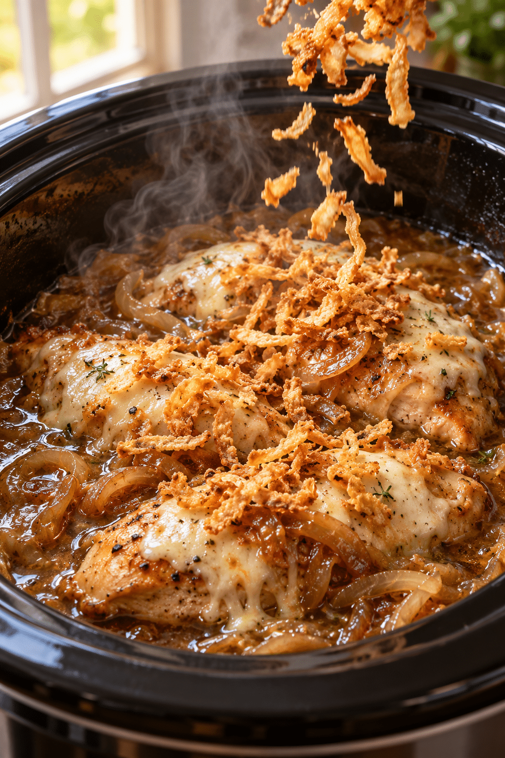 Crock pot French onion chicken cooking with melted provolone