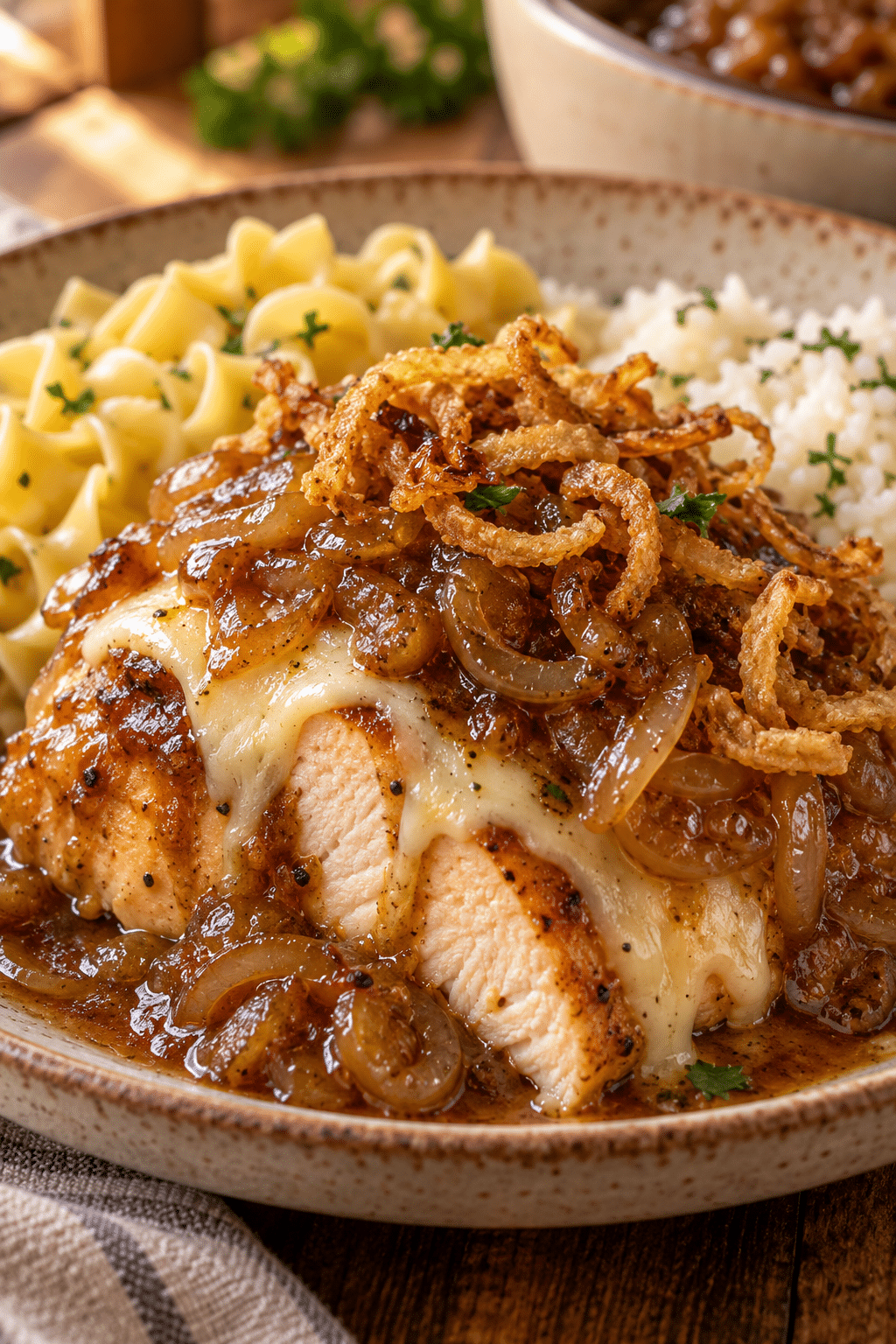 Finished crock pot French onion chicken with crispy onions