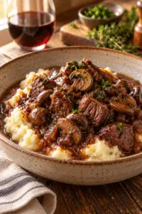 crock pot stew meat and mushrooms in wine sauce