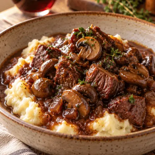 crock pot stew meat and mushrooms in wine sauce