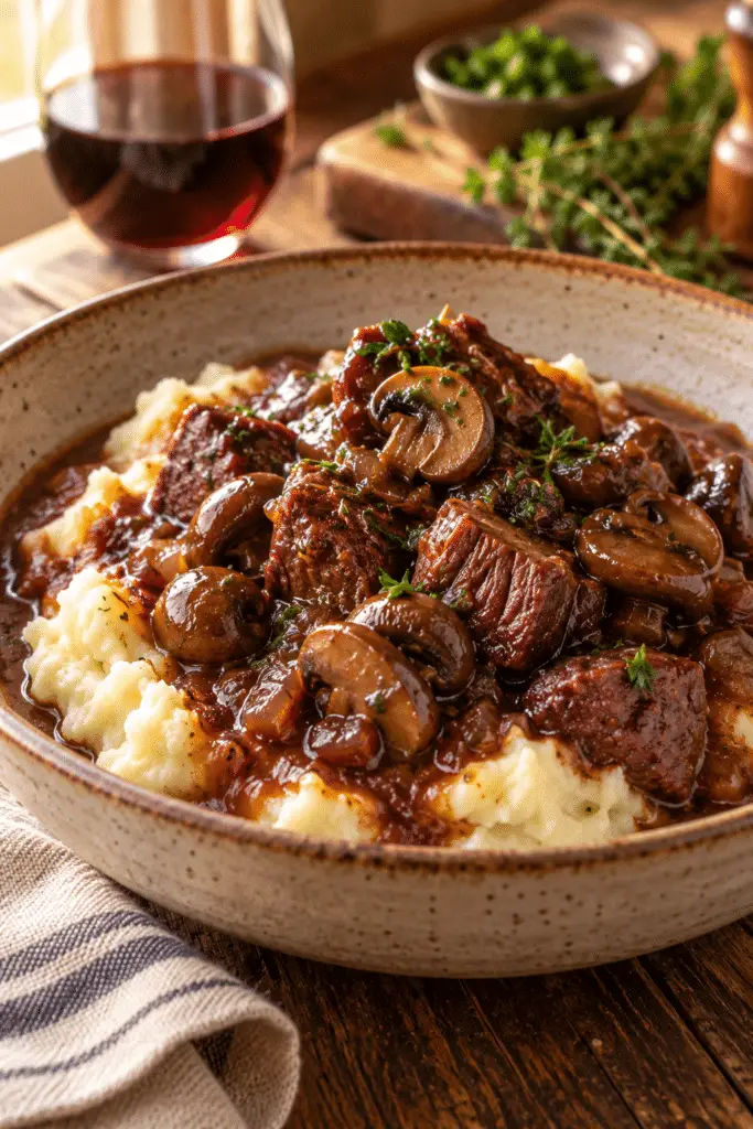 crock pot stew meat and mushrooms in wine sauce
