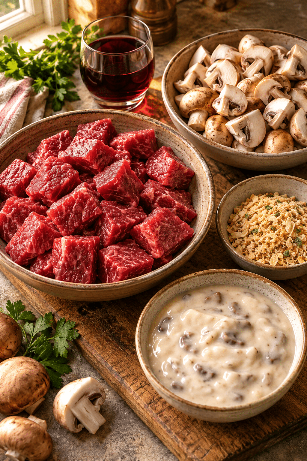 ingredients for crock pot stew meat and mushrooms