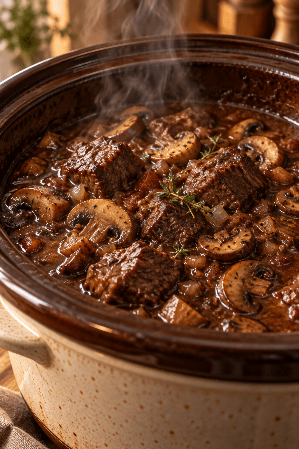 crock pot stew meat and mushrooms cooking in wine sauce