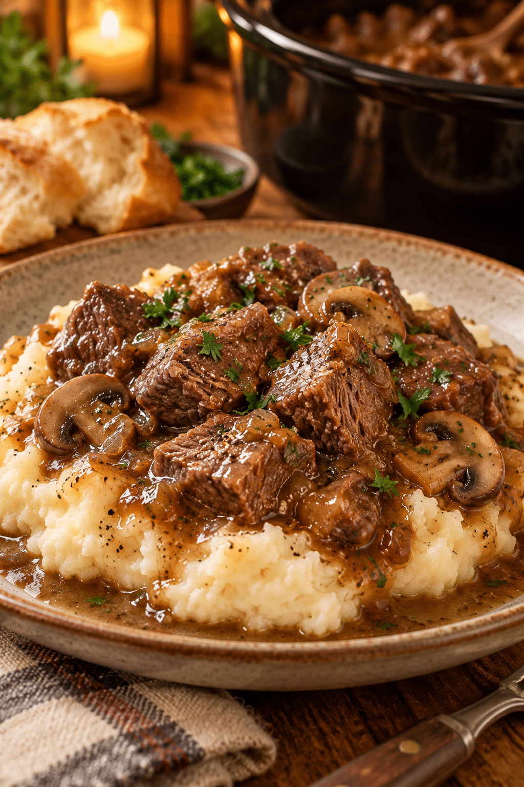 crock pot stew meat and mushrooms served over mashed potatoes