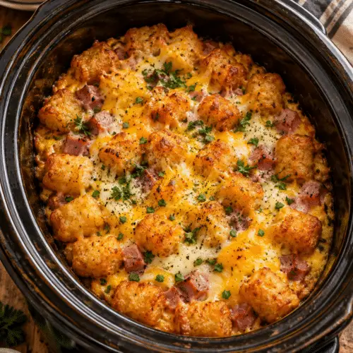 Crock pot tater tot egg bake with golden tater tots and cheese