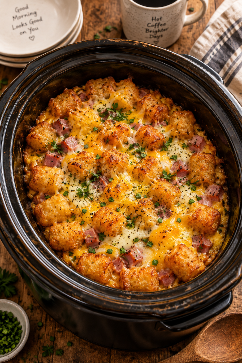 Crock pot tater tot egg bake with golden tater tots and cheese