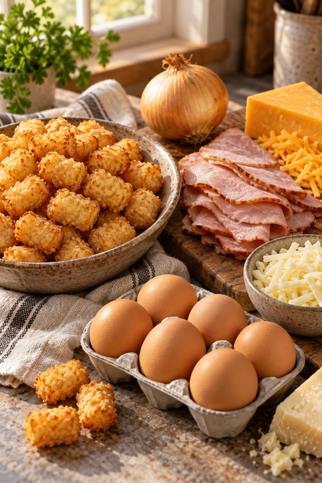 Ingredients for crock pot tater tot egg bake arranged for layering