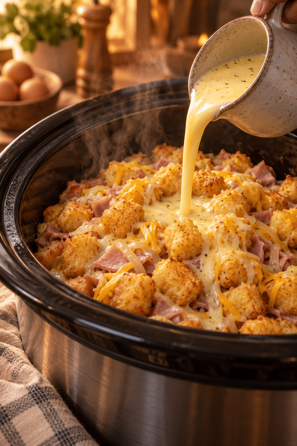 Layered crock pot tater tot egg bake cooking in the slow cooker