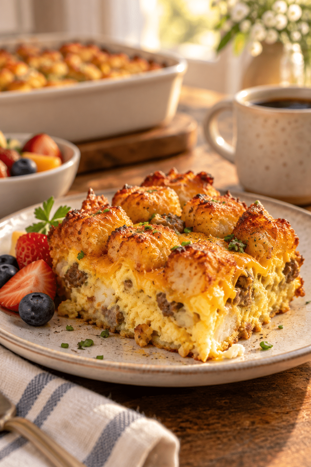 Set and sliceable crock pot tater tot egg bake served warm