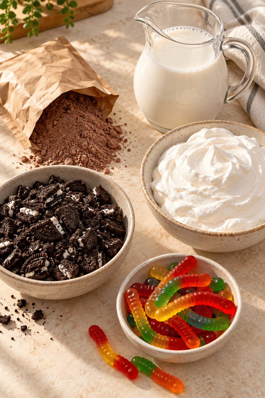 Dirt cups ingredients: chocolate pudding, milk, cookies, whipped topping, and gummy worms