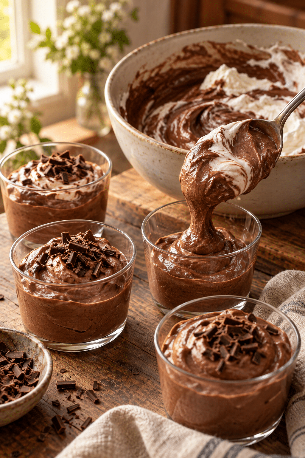 Dirt cups process with chocolate pudding being folded and portioned