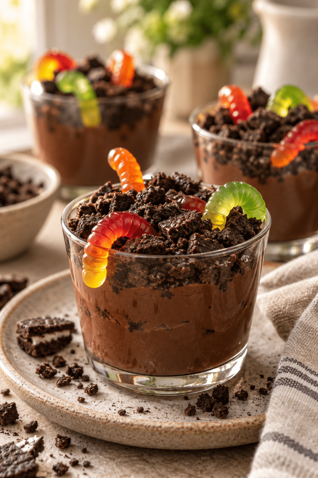 Finished dirt cups with chocolate cookie crumbs and gummy worms