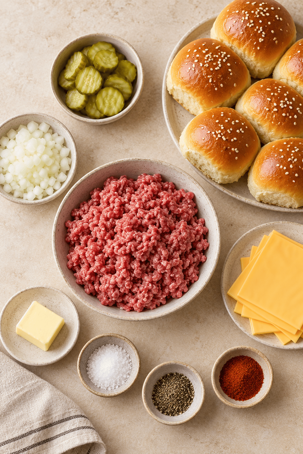 Ingredients for easy cheeseburger sliders arranged on a counter