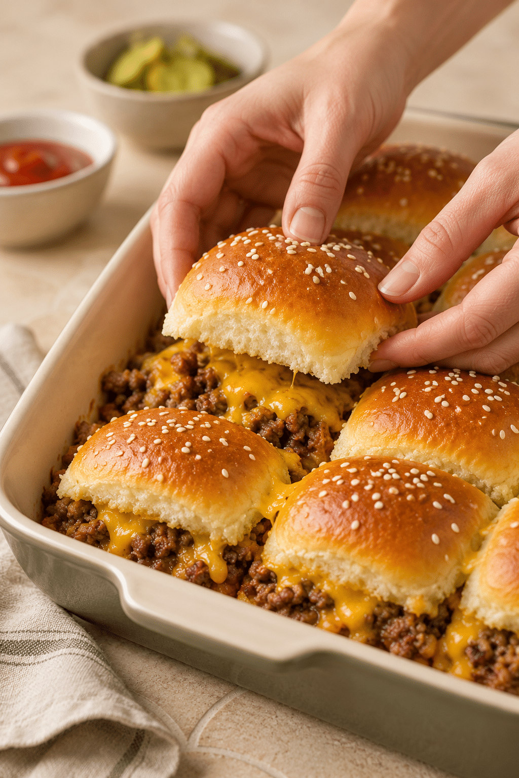 Assembling easy cheeseburger sliders with beef and cheese