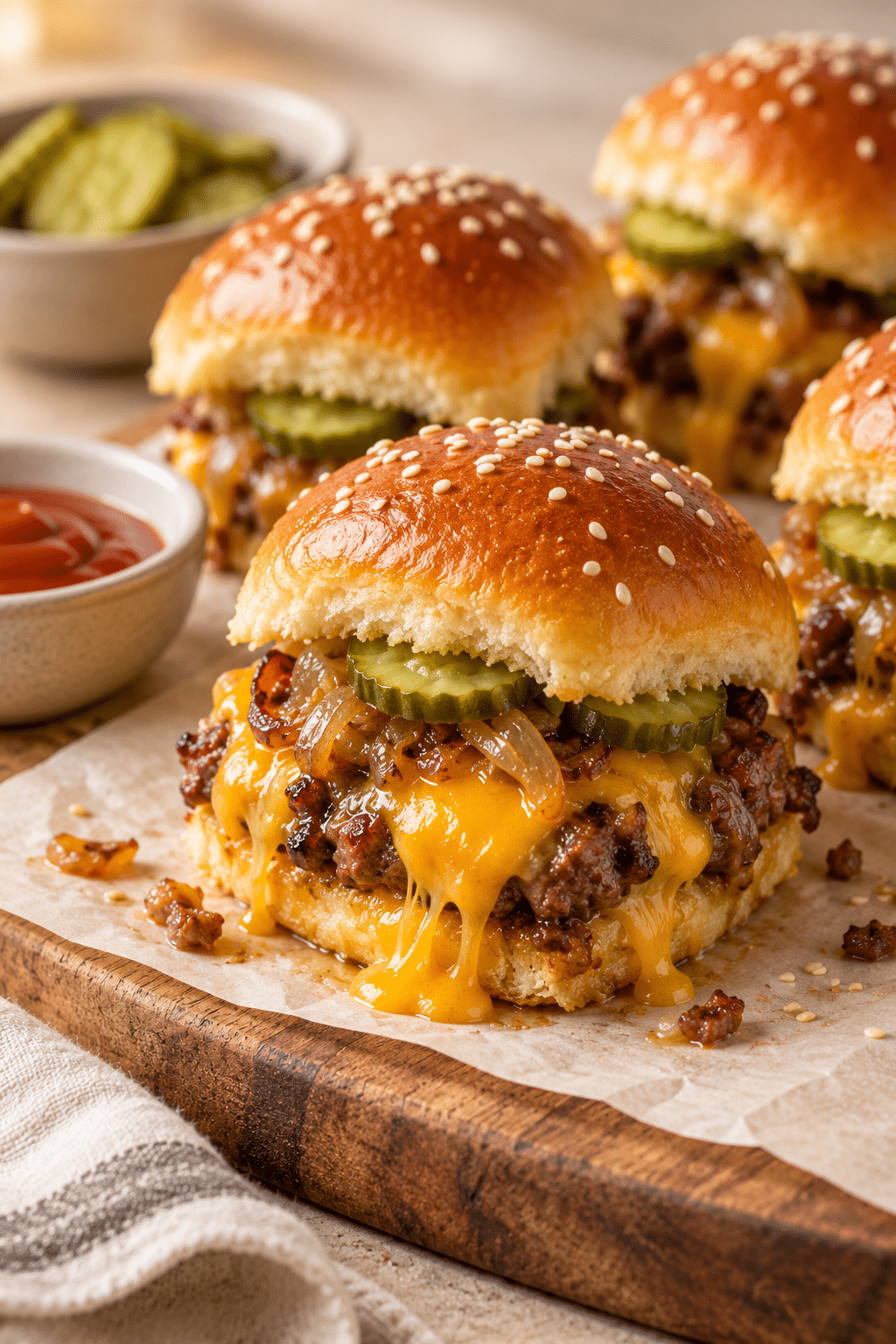 Golden easy cheeseburger sliders ready to serve