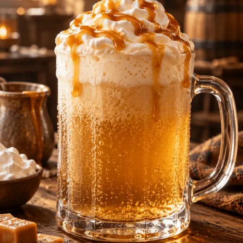 A mug of homemade butterbeer with a creamy marshmallow topping