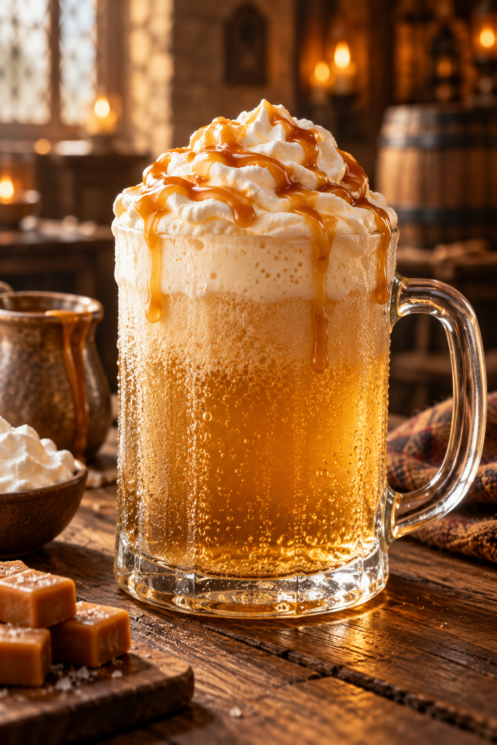 A mug of homemade butterbeer with a creamy marshmallow topping