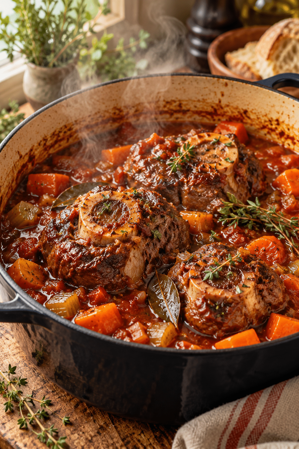 osso buco simmering in tomato wine sauce