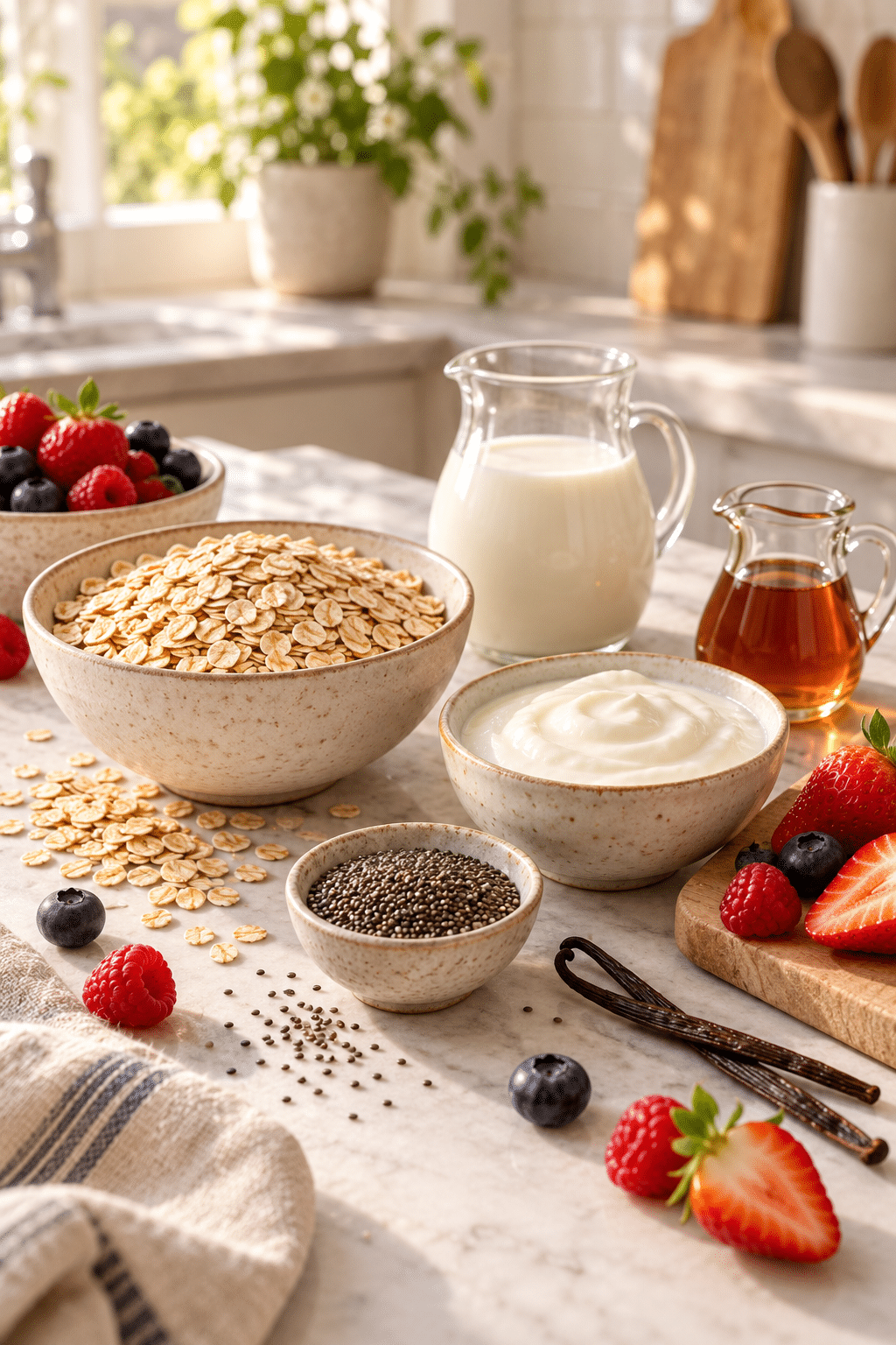 overnight oats ingredients measured in bowls
