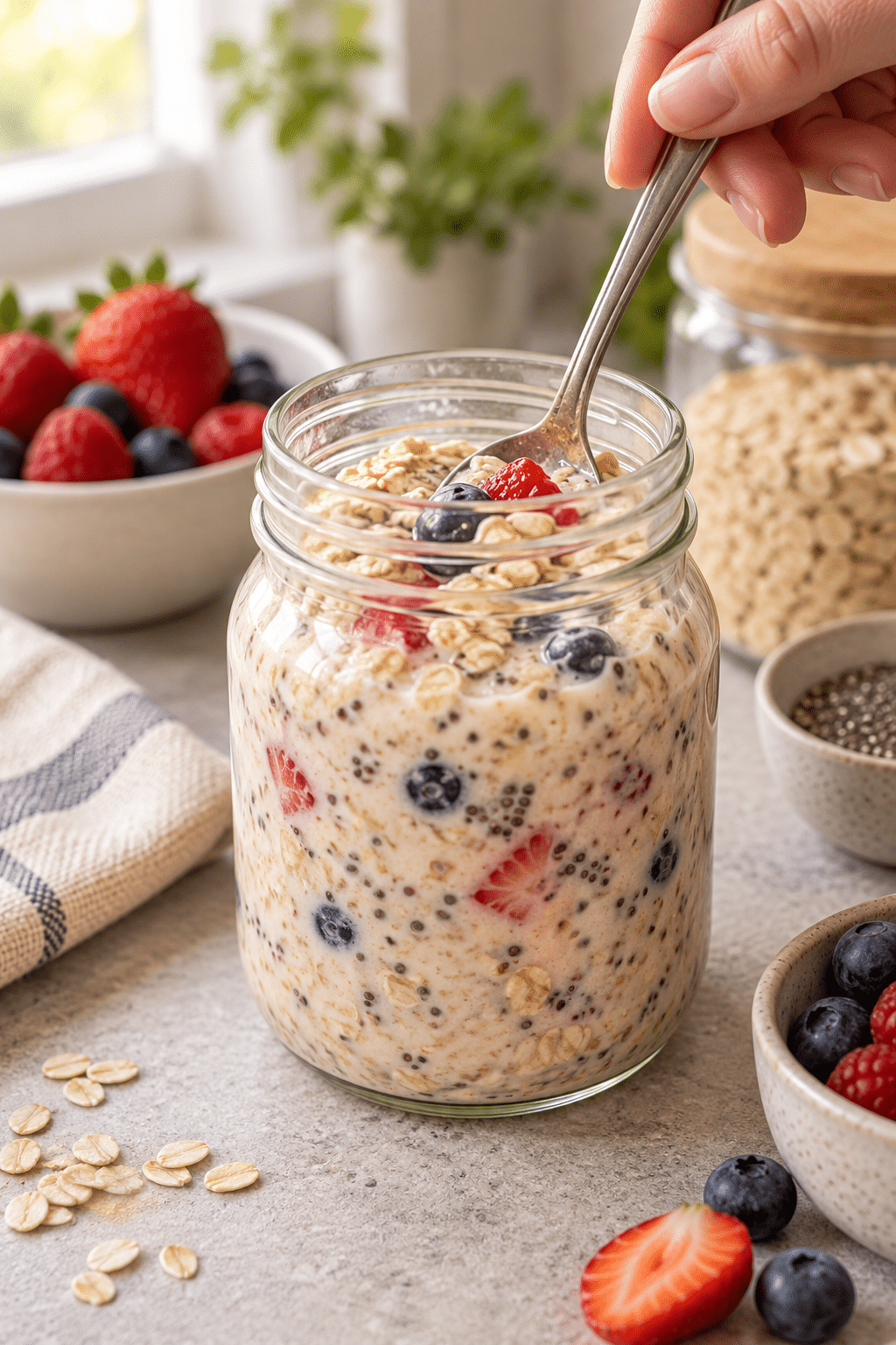 overnight oats mixture being stirred