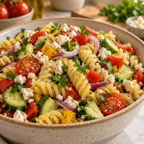 Bowl of colorful pasta salad with vegetables and feta