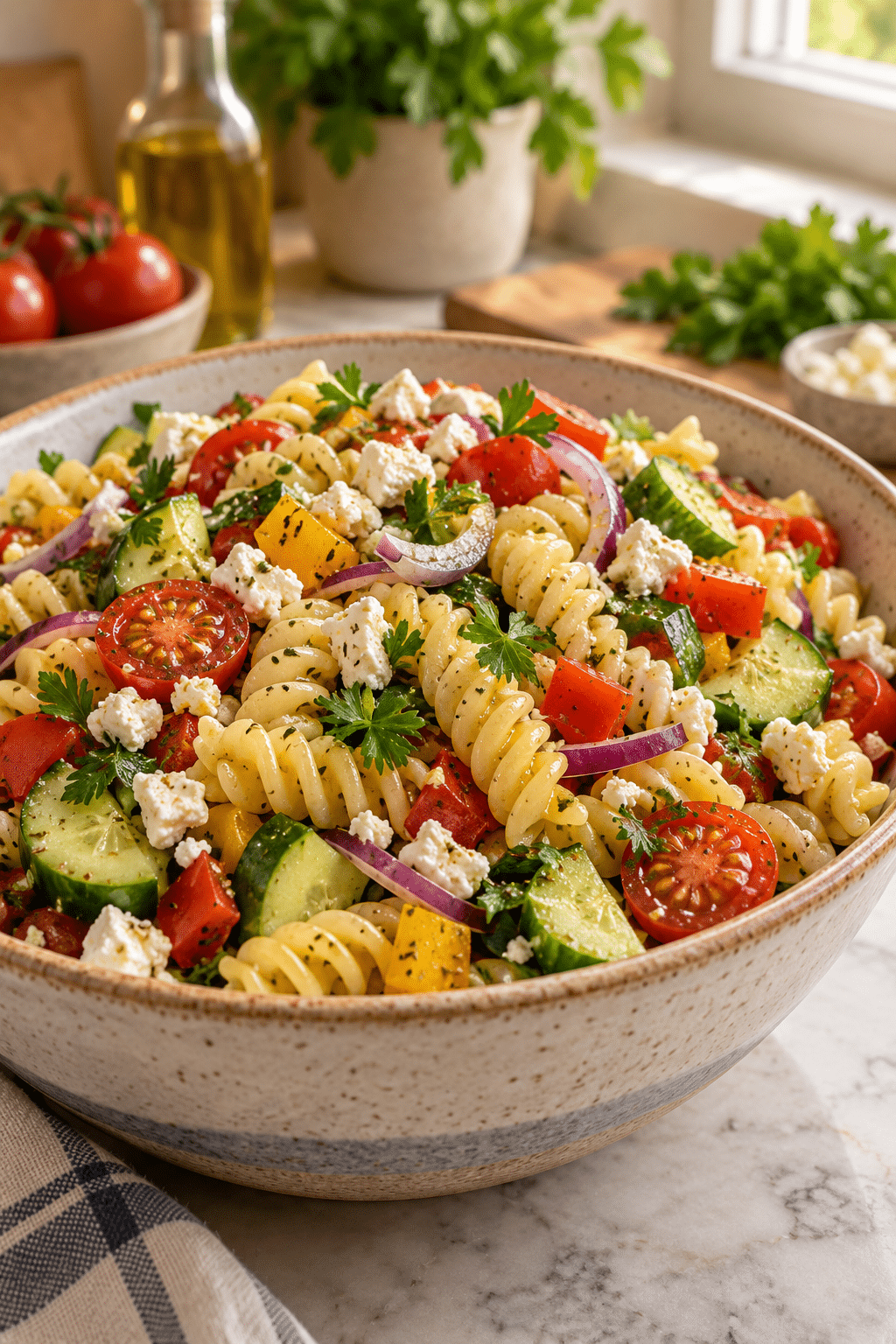 Bowl of colorful pasta salad with vegetables and feta
