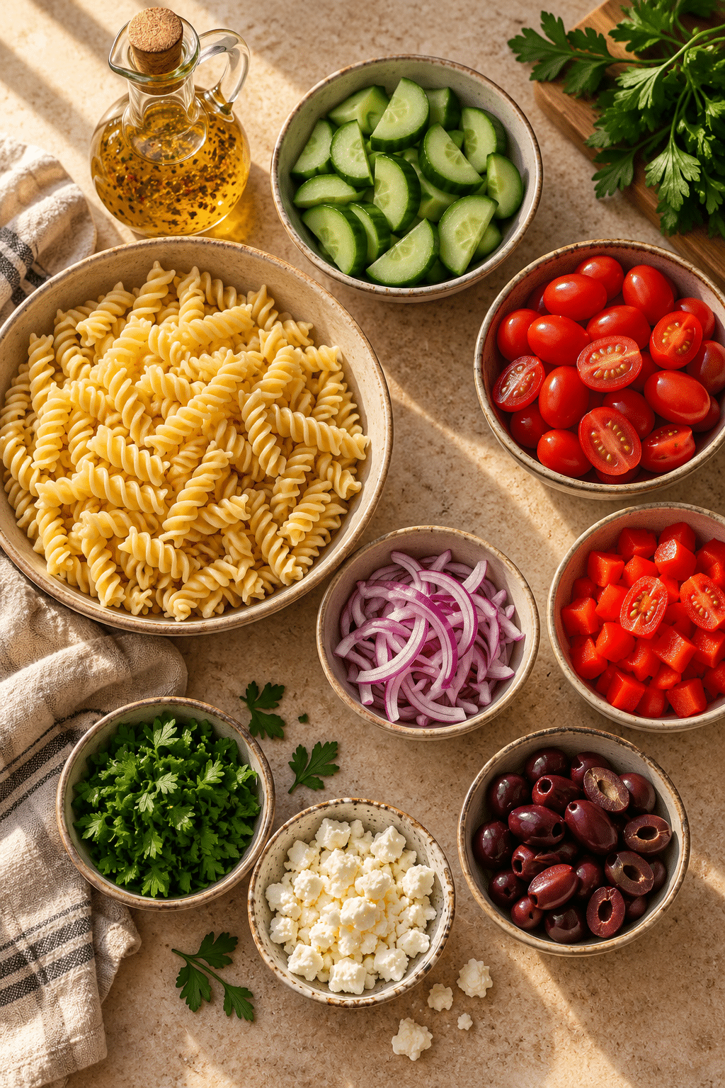 Ingredients for pasta salad arranged beside rotini and feta