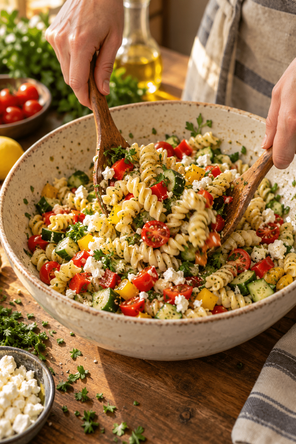 Pasta salad being tossed with vegetables and Italian dressing