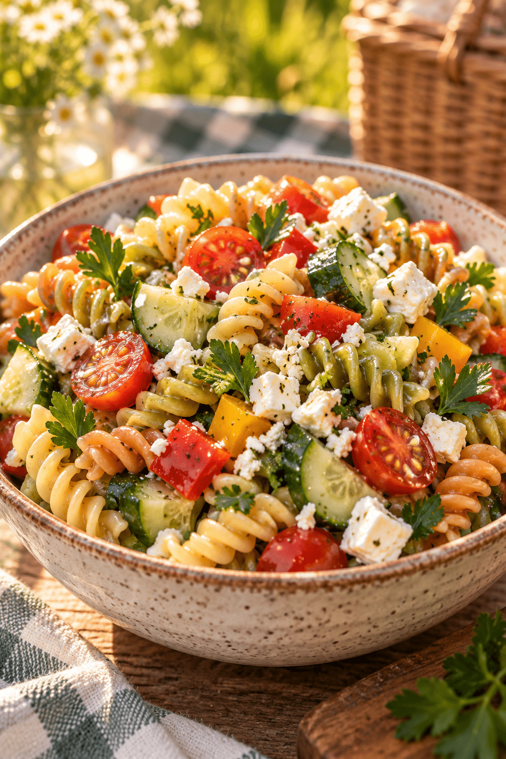 Finished pasta salad with rotini, crisp vegetables, parsley, and feta